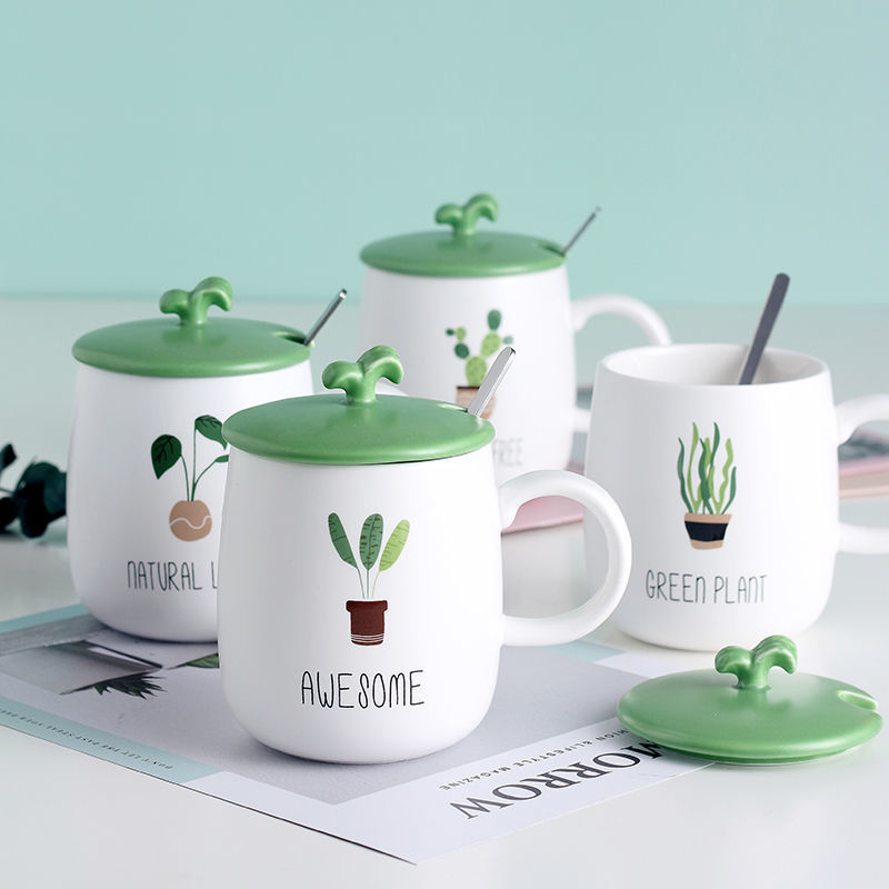 Creative super cute cartoon student ceramic cup water cup lovely home men and women mark cup milk cup with lid spoon