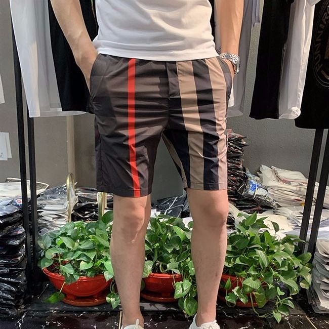快手紅人同款社會精神小伙五分格子男短褲韓版修身速干彈力沙灘褲