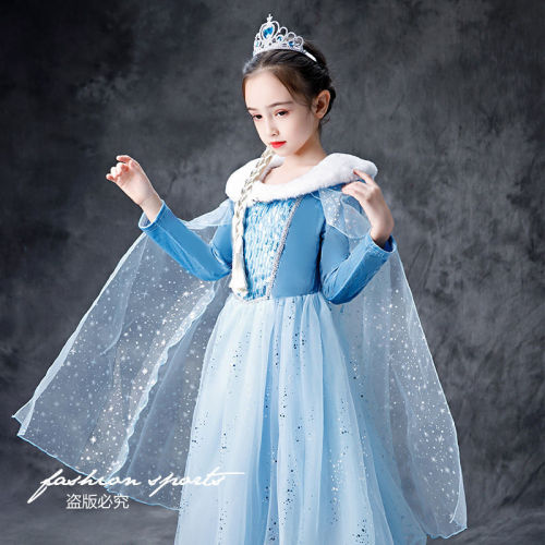 Ice and snow princess Elsa skirt Plush thickened autumn and winter girls' dress long style foreign style Aisha skirt children's wear