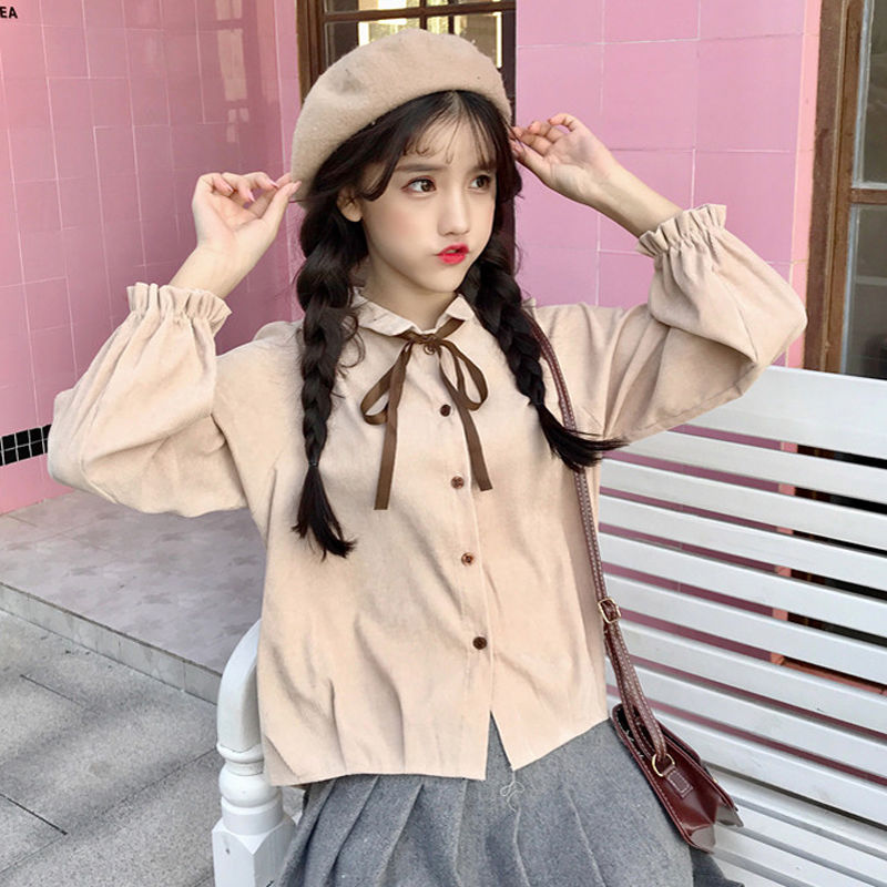 [high quality fabric] autumn women's Korean version small fresh corduroy bow tie long sleeve shirt student shirt