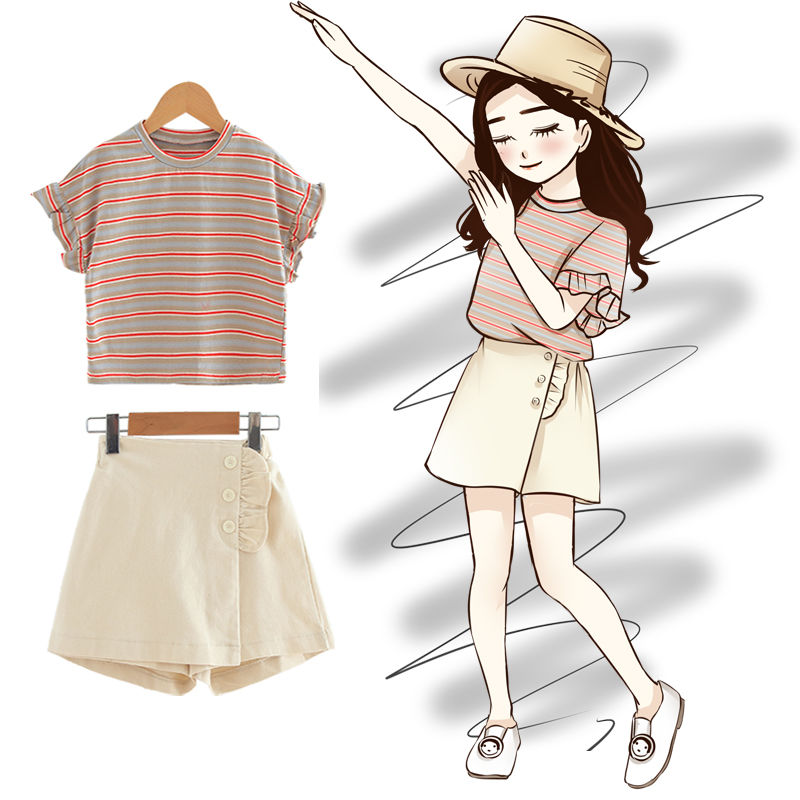 Children's wear girls set summer 2020 new summer dress Korean version children's stripe leisure fashion girls two piece suit