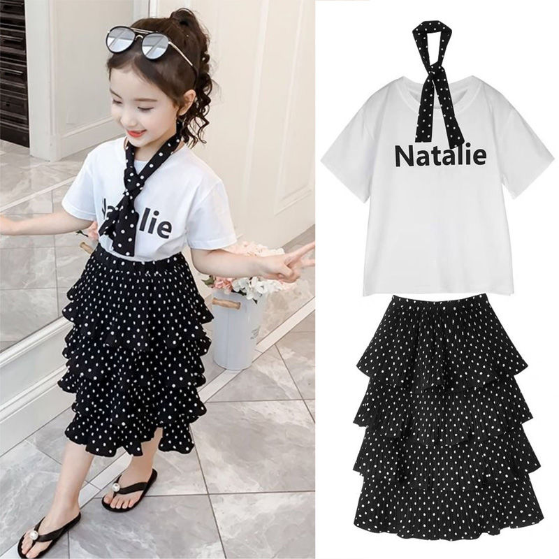 Girl's skirt children's skirt summer dress baby skirt T-shirt wave point cake skirt two piece net red
