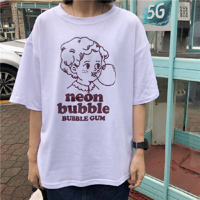 Short sleeve bubble blowing girl print T-shirt for girl students loose Korean original house style large women's dress net red