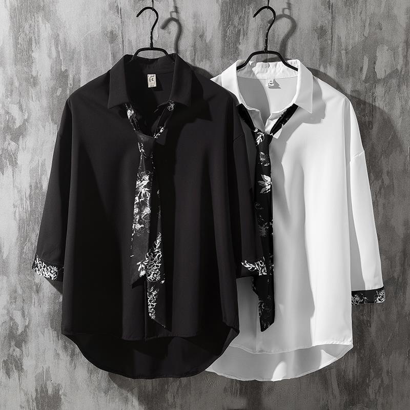 Tie Shirt Men's Japanese casual couple large loose shirt 3 / 4 sleeve hairdresser student shirt trendy men's wear