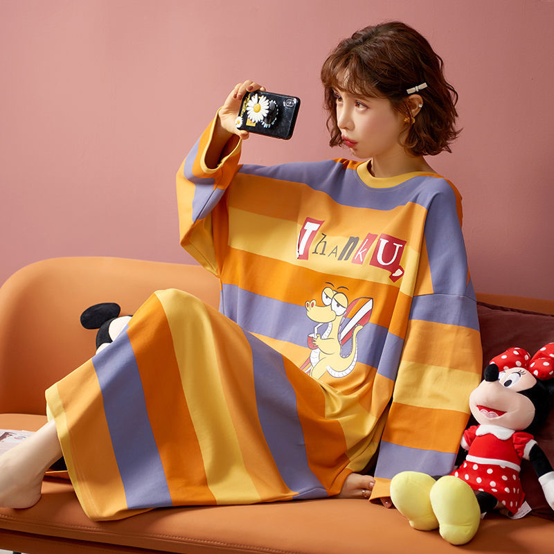 Sleeping dress female spring autumn cotton long sleeve student home wear size enlarged loose fat mm pregnant women's knee length dress autumn winter