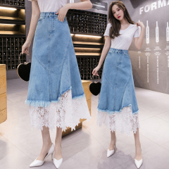 Real shot denim skirt women's spring and summer high waist cover hip show thin medium length irregular A-line skirt lace skirt 669#