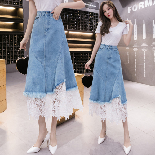 Real shot denim skirt women's spring and summer high waist cover hip show thin medium length irregular A-line skirt lace skirt 669#