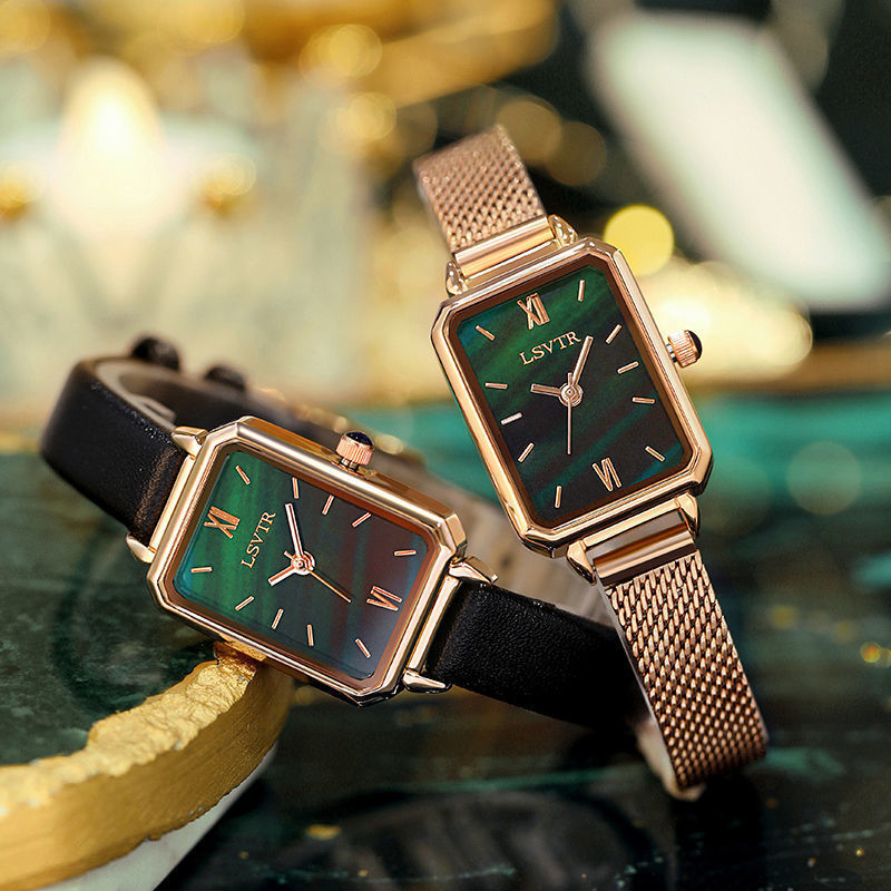 Ins style new net red watch woman simple temperament literary waterproof small square plate peacock green small green watch woman