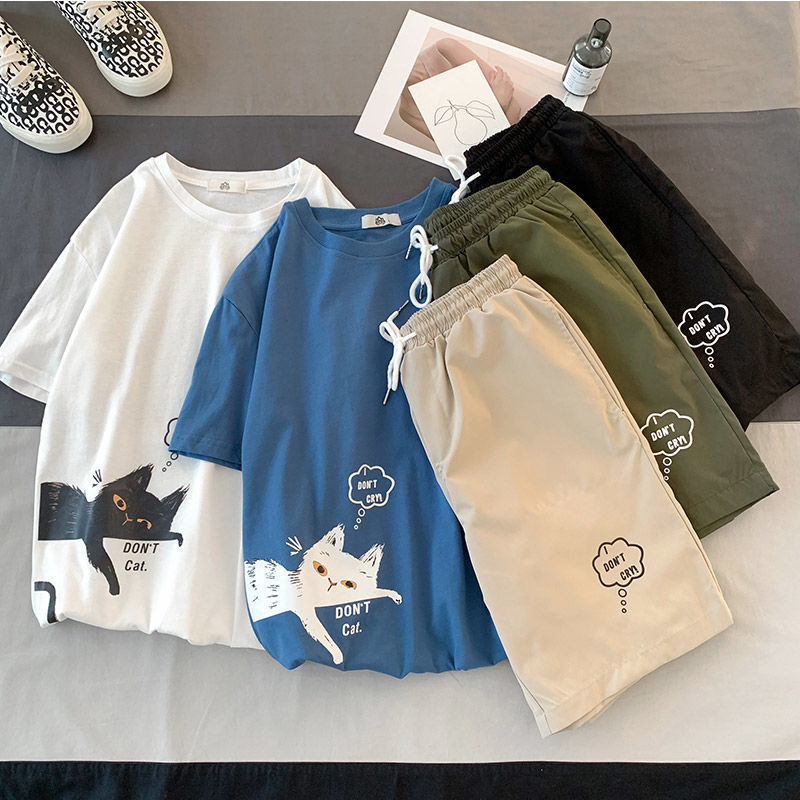Jacket / suit short sleeve shorts suit men's summer net red tide Half Sleeve T-Shirt Large student casual Capris