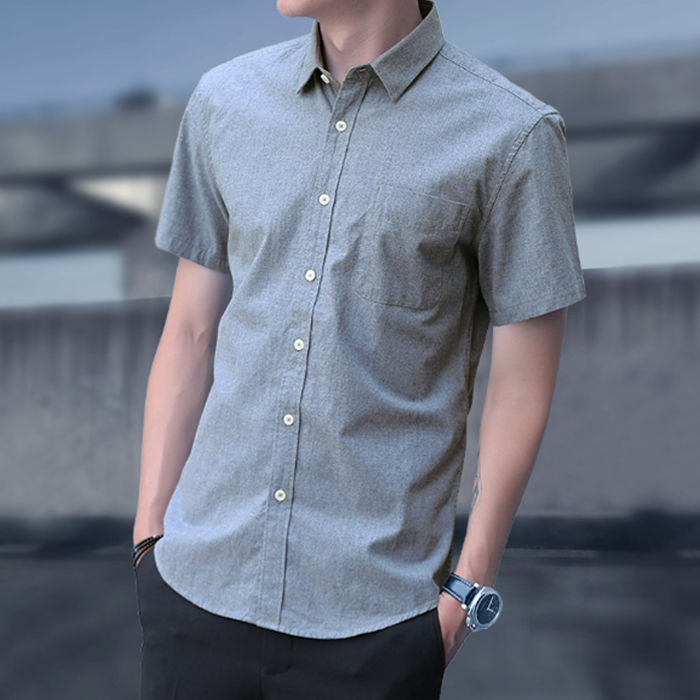 Short sleeve shirt men's summer slim solid color youth inch shirt half half sleeve thin slim fit Korean fashion shirt