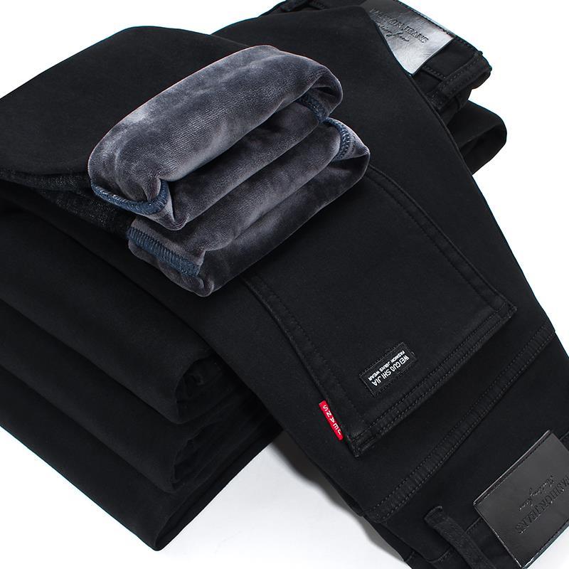 Men's Plush black jeans in autumn and winter men's loose straight tube warm keeping winter slim casual pants