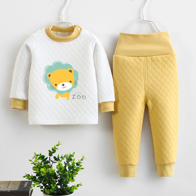 Children's warm underwear high waist suit autumn and winter baby three layers cotton thickening baby boys and Girls Pajamas pure cotton