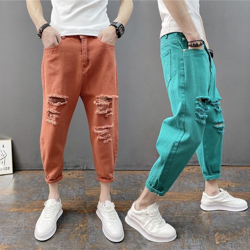 Men's seven legged jeans with small holes