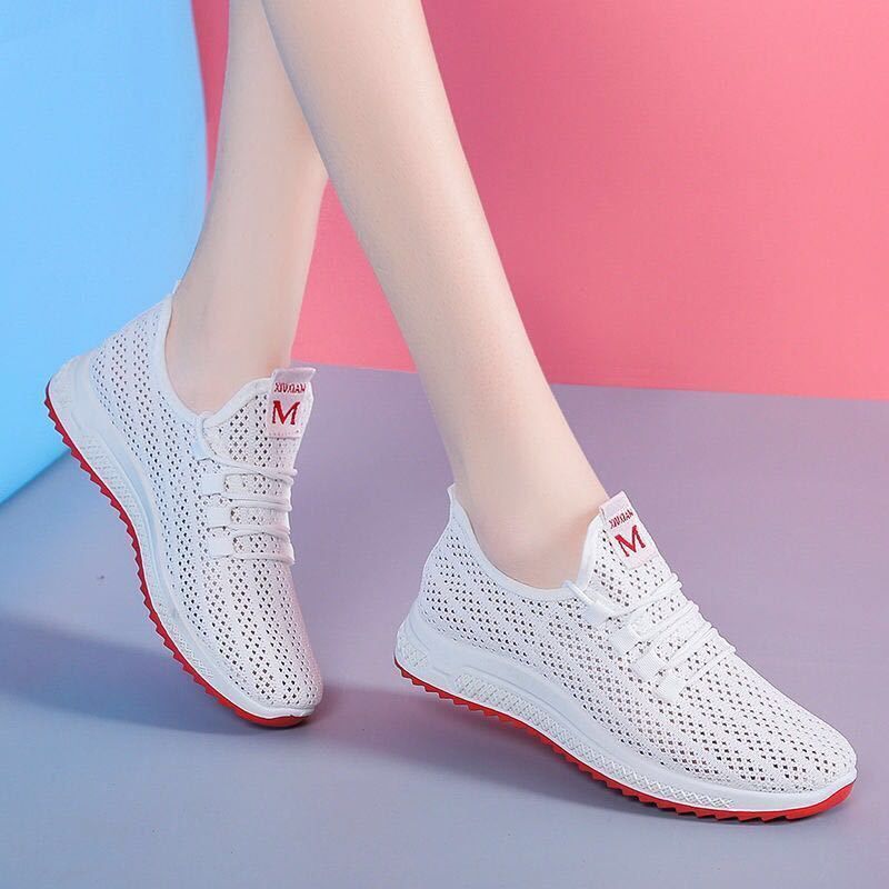 Middle aged and elderly shoes new low top fashion shoes women's casual lace up mesh shoes anti slip wear resistant breathable shoes hollow running shoes