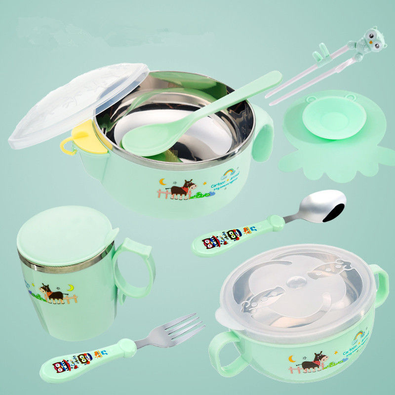 Baby's stainless steel tableware Fork Spoon Set Baby anti falling and anti scalding heat insulation bowl