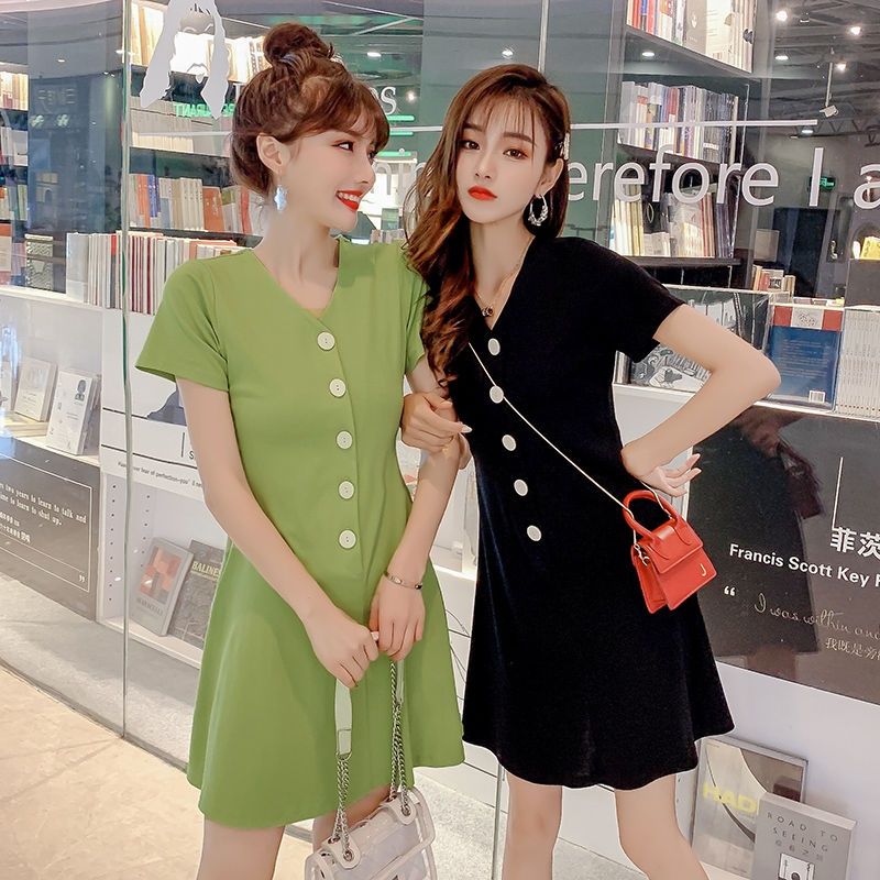 Net red single breasted V-neck short sleeve dress women's T-shirt summer new 2019 Korean solid slim A-line short skirt