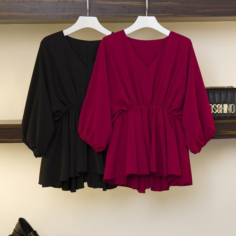 Large women's short sleeve summer 2020 new style loose and thin foreign style chiffon shirt covering stomach and reducing age thin top