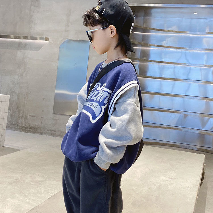Boys' fake two-piece sweater new style western style winter wear thickened Plush children's Pullover
