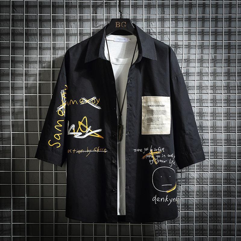 Summer graffiti label 7 / 7 sleeve shirt men's fashion Korean versatile bat sleeve ruffian handsome wear thin shirt