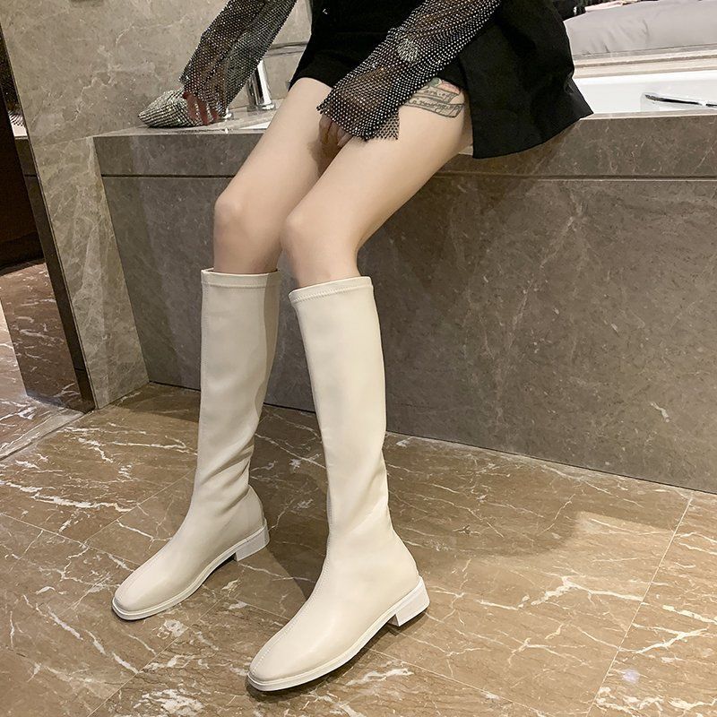 Autumn and winter new boots women's knee length off white medium high tube low heel flat bottom leisure zipper boots single boots short boots