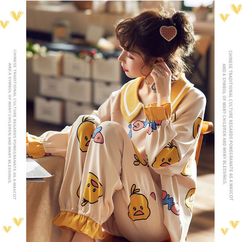 Korean pajamas women's spring and autumn loose plus size student girls' long sleeve trousers women's home clothes two piece suit