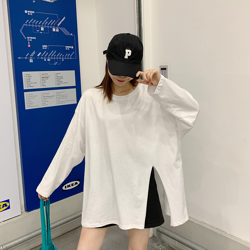 Early autumn Korean version 2019 new solid color loose medium length personalized split ins Harajuku style long sleeve t-shirt female student