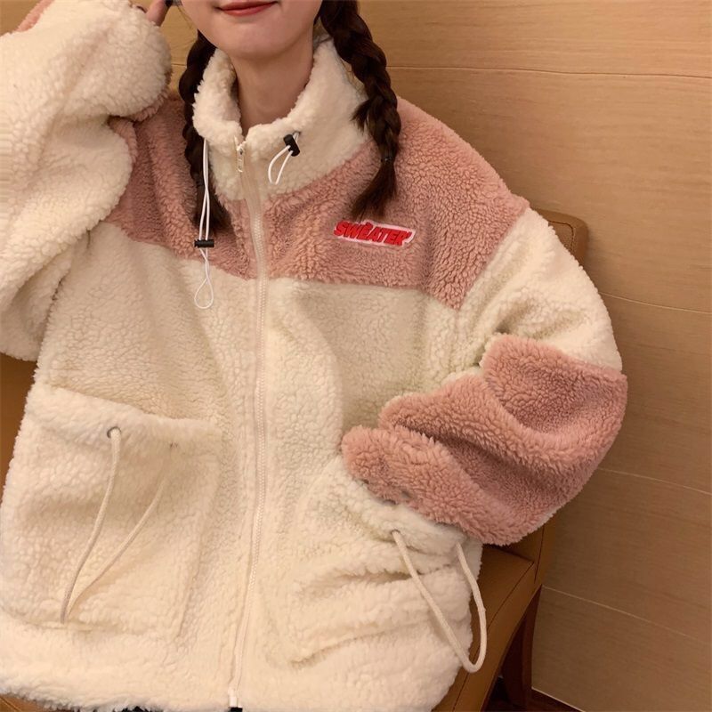 Lamb Plush coat women's fashion winter ins Korean student loose and thickened cotton padded jacket new versatile Plush sweater