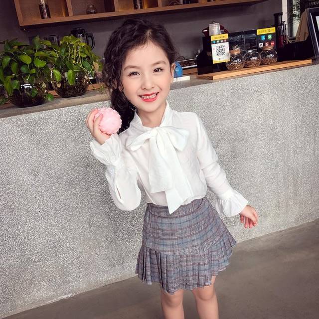 Girl's spring and autumn clothes top children's Long Sleeve Shirt White princess bow tie baby shirt