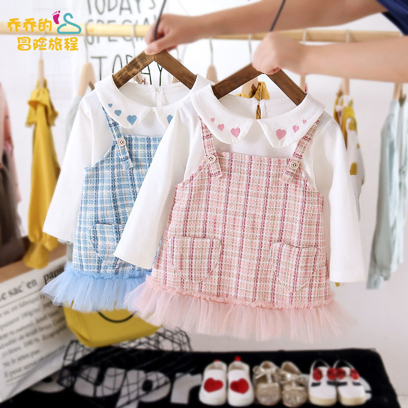 Korean children's dress girl mesh dress long sleeve solid color mesh pleated skirt + bottom sweater two piece set new in autumn
