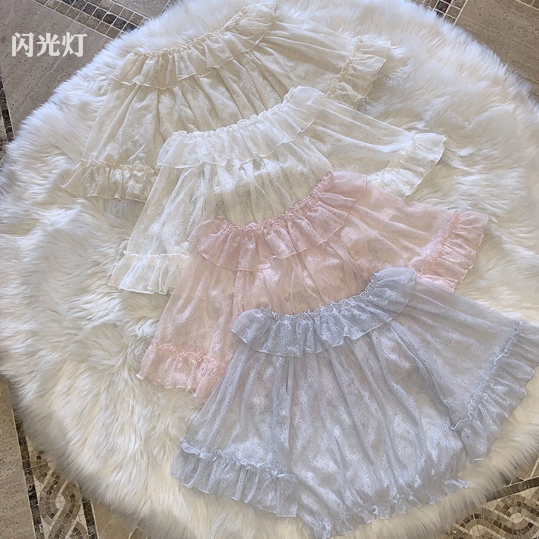Lolita lace mesh with Lolita soft girl short sleeve bottoming shirt Chiffon summer top shirt for women