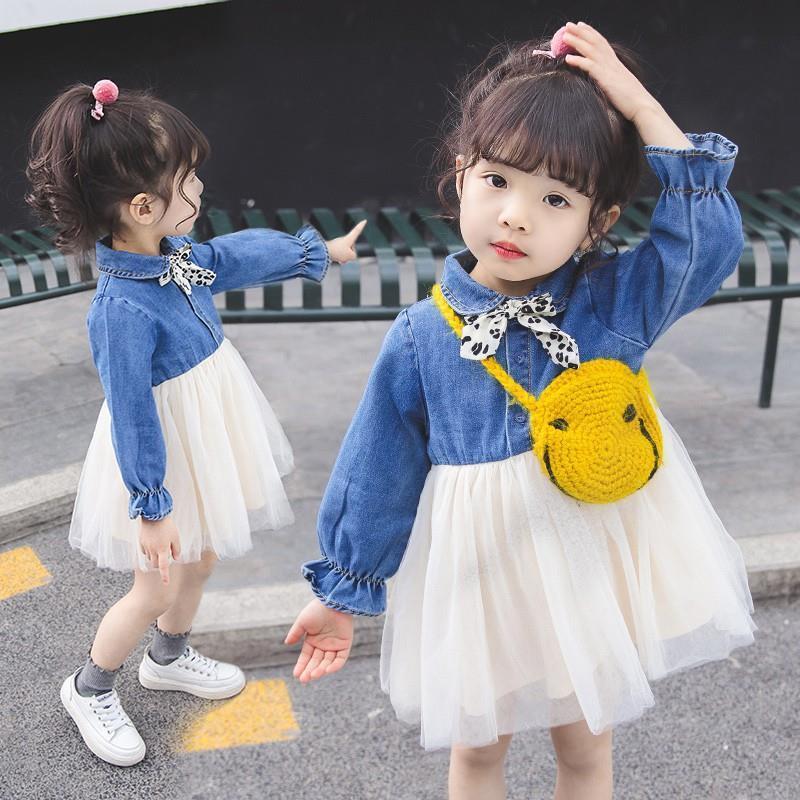 Girl's dress long sleeve denim net dress autumn dress new 2020 Korean Baby Girl Skirt princess dress foreign style