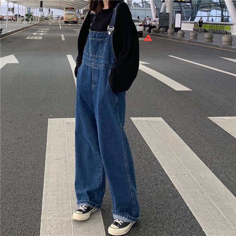 Super hot chic junior denim strap pants women's loose retro drop feeling floor pants straight tube wide leg one-piece long pants