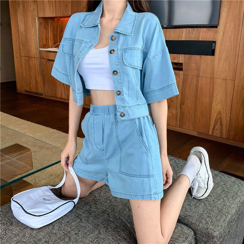 Summer and autumn new denim short coat + denim elastic waist loose High Waist Wide Leg fashion two piece suit ins women