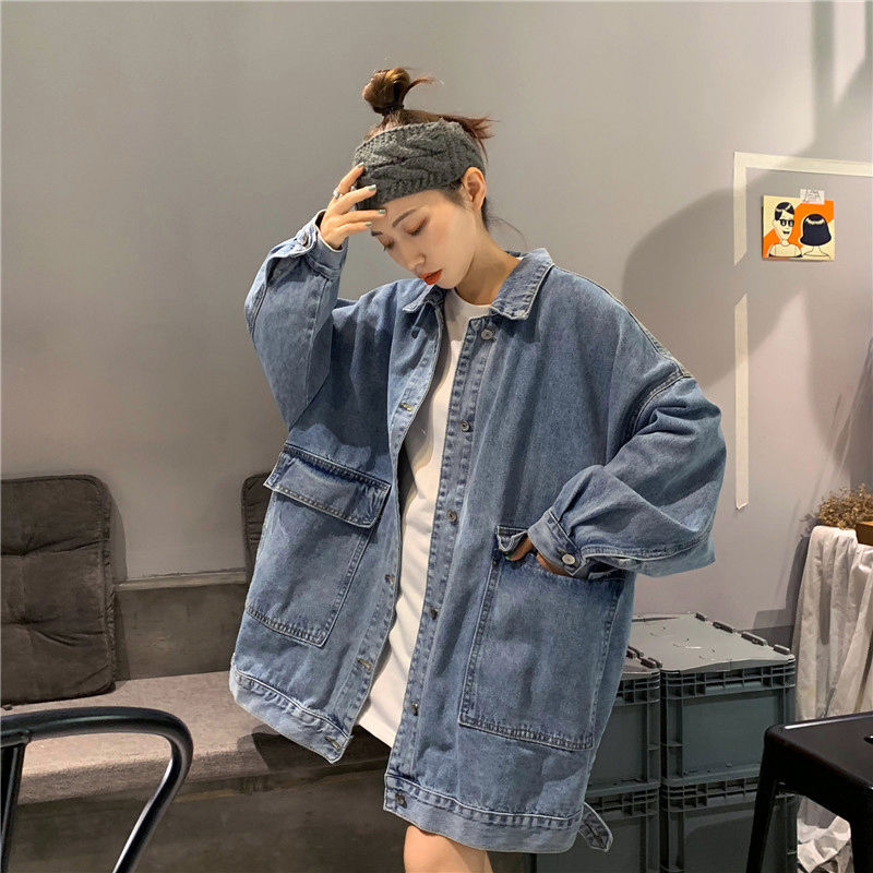 Denim coat women spring and autumn Korean version versatile student new BF long sleeve Retro Mid long work clothes loose top women