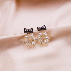 Real shot S925 silver needle black bow shape crystal Circle Earrings simple sweet lovely girl