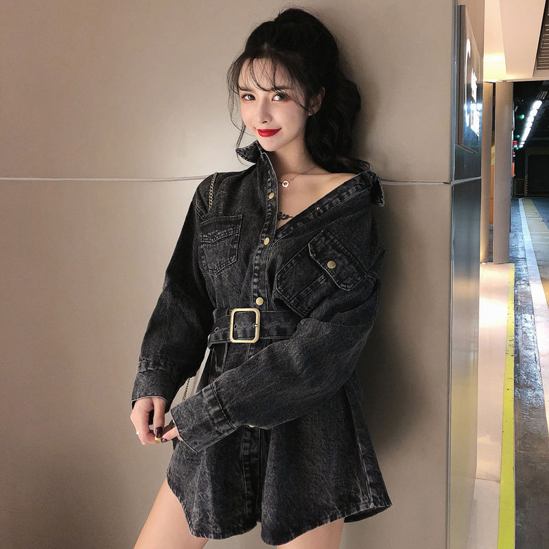 Princess Street temperament hall Lapel lace up denim shirt coat women's waist in autumn and winter new loose mid length top
