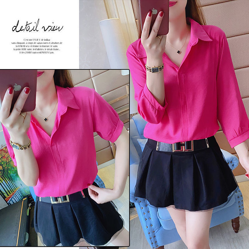 Cotton women's short sleeve long sleeve shirt women's large women's loose simple Pullover V-neck Shirt New Top Women