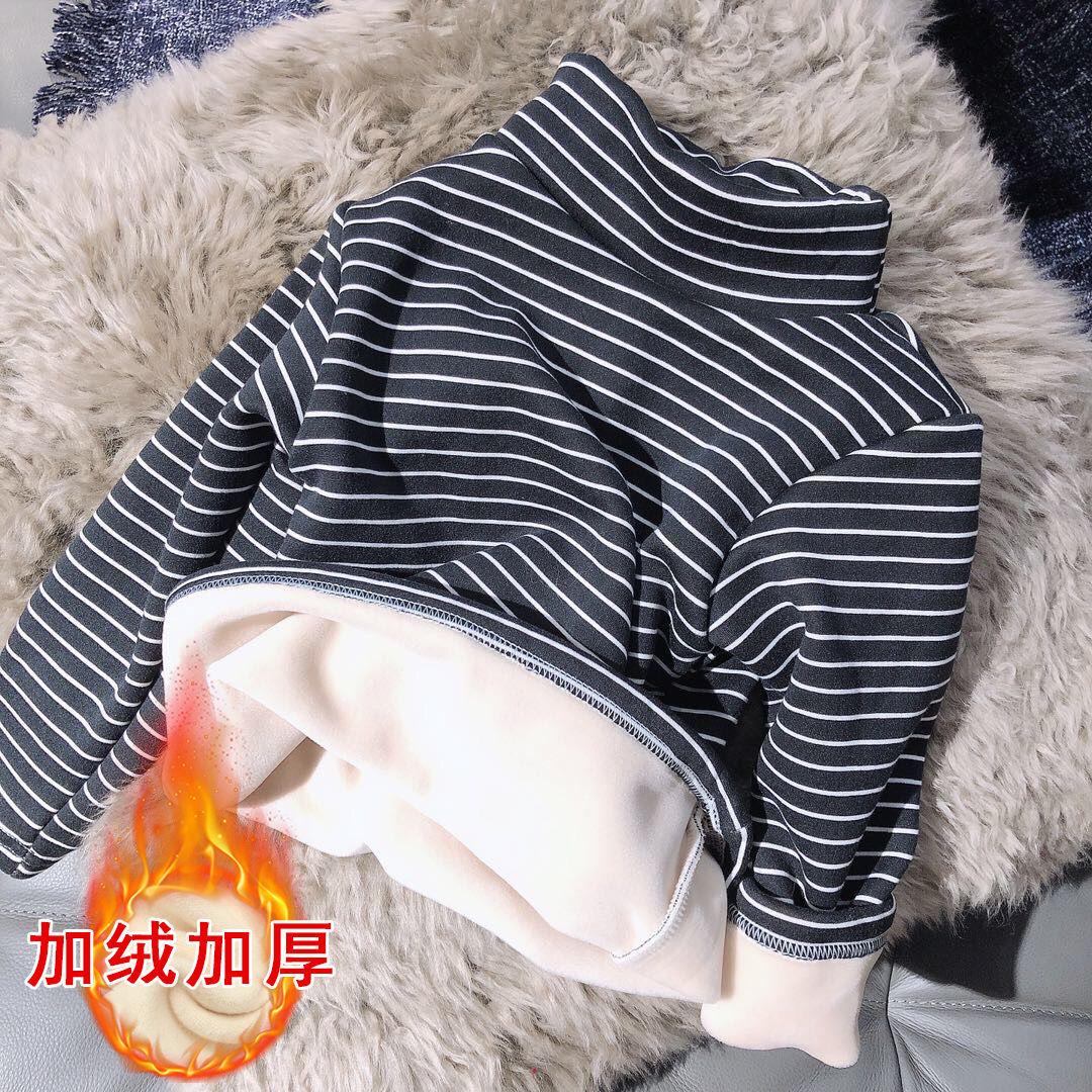 Boys and girls' middle neck base coat with velvet thickening autumn and winter baby long sleeve T-shirt children's warm top half high collar