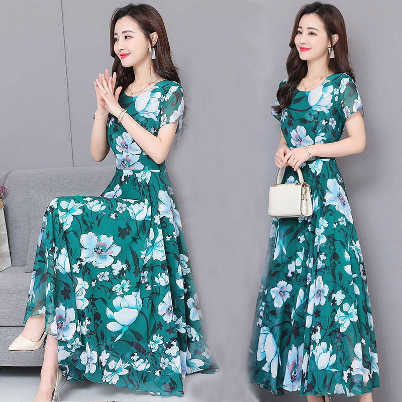 New summer dress slim Print Long style retro dress mother Dress Holiday Beach skirt woman