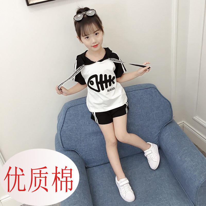Pure cotton Summer Dress Girls' summer dress fashionable middle school children's two piece suit of foreign style short sleeve pants sportswear summer Korean set