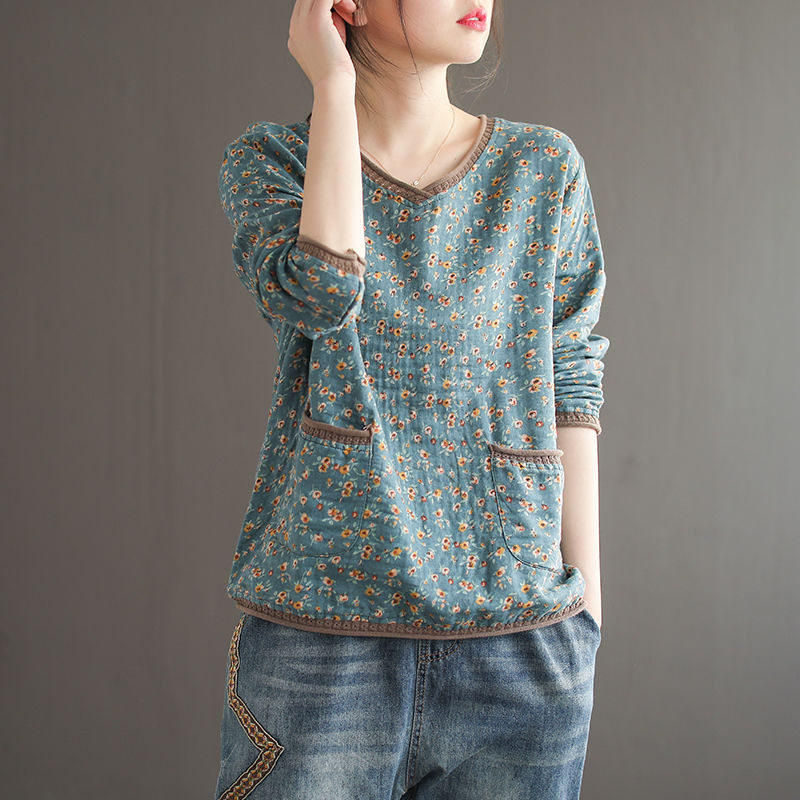 New style artistic flower cotton linen T-shirt long sleeve bottoming shirt loose and versatile V-neck women's top