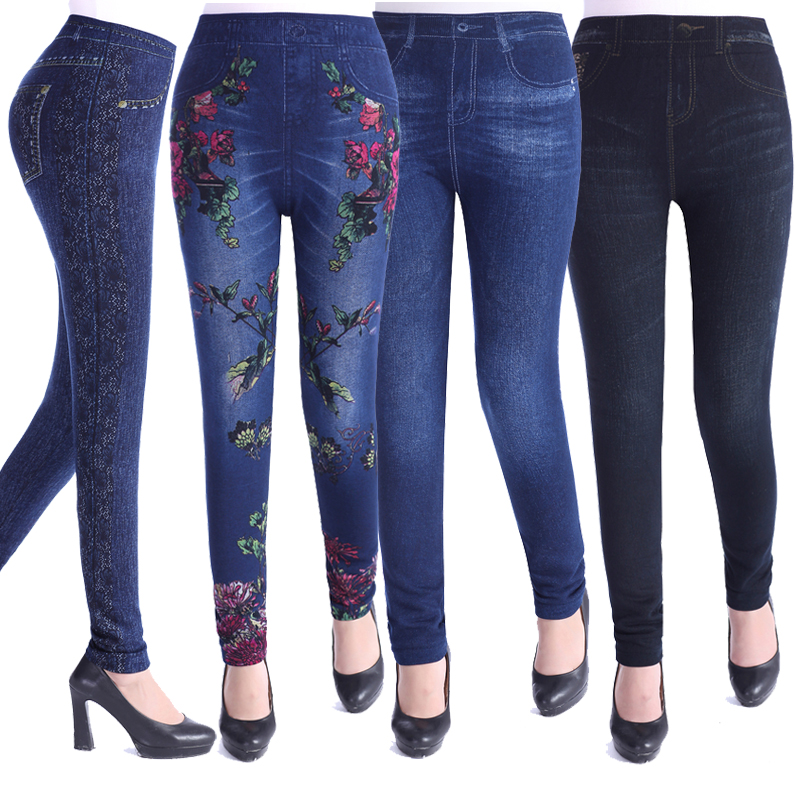 Plush / thin high elastic underpants for women's trousers high waist imitation denim print show thin large tights