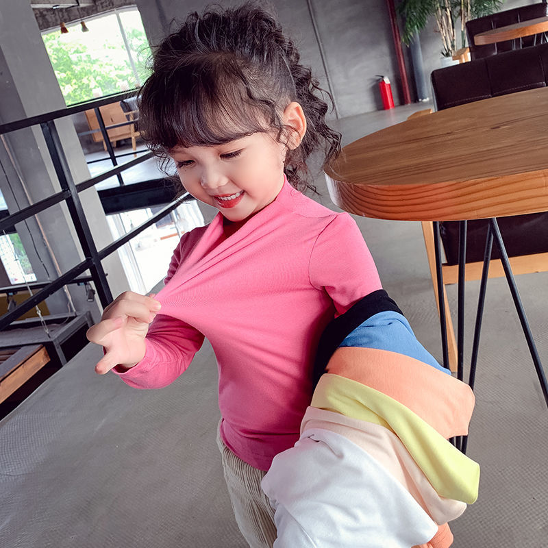 Girl's solid color bottom coat autumn new style high elastic top spring and autumn modal half high collar long sleeve T-shirt
