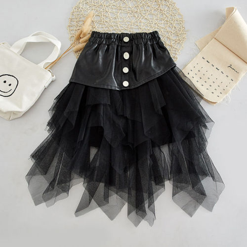 Children's Dress Girls skirt 2020 new Korean version of autumn and winter baby children's middle and large children's mesh Skirt Girls PU leather skirt