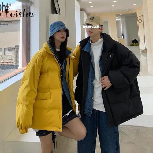 Winter fake two pieces of denim splicing cotton padded clothes for men and women Korean version loose and thickened couple's bread and cotton clothes coat fashion