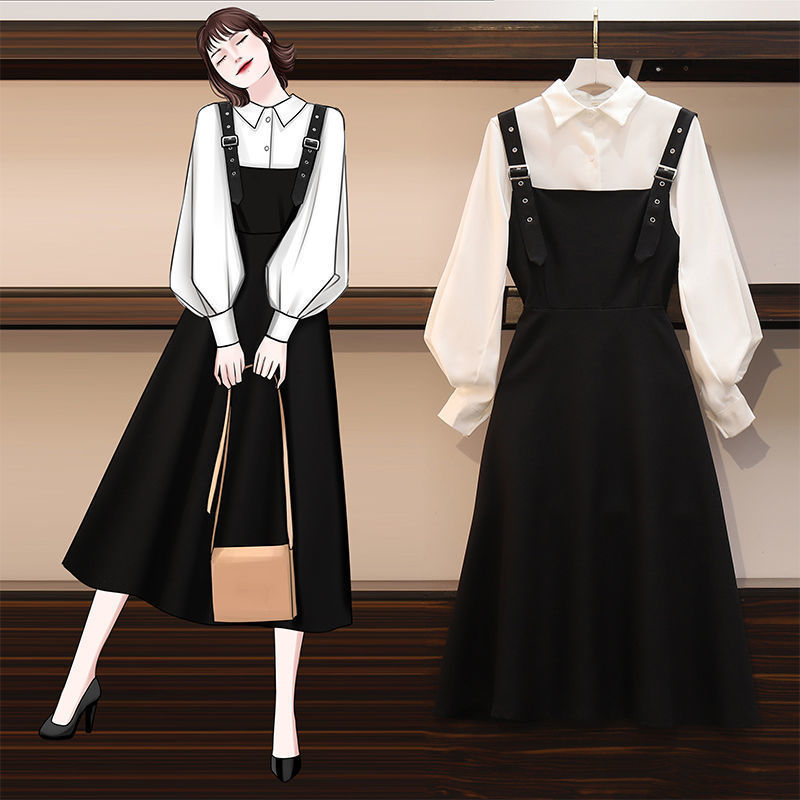 Single / set 2020 autumn new fashion shirt cover belly show thin big strap dress women's two piece set