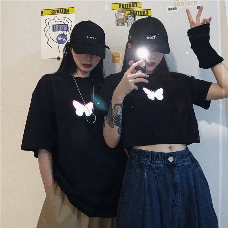 Short top women's summer new black exposed navel butterfly print T-shirt short sleeve ins fashion Harajuku half sleeve