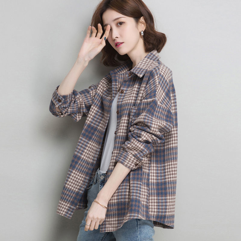 Woolen Plaid Shirt women's new fall 2020 Korean retro Hong Kong Style loose thickened matte shirt coat fashion