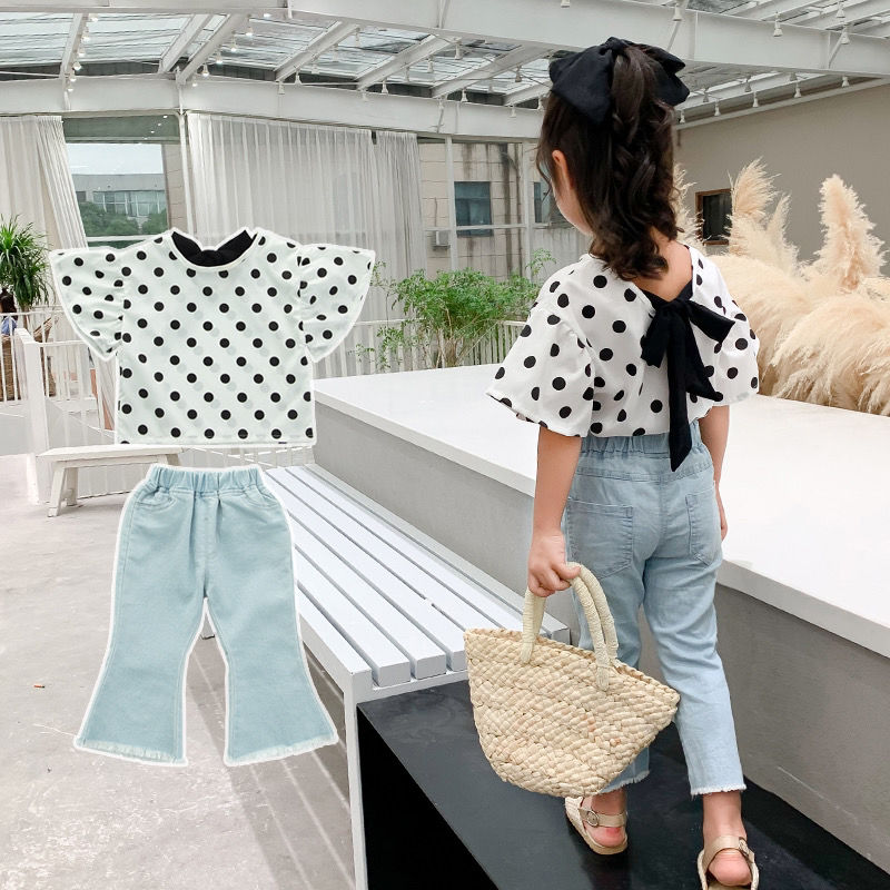 Girls' jeans flared pants set 2020 summer Korean Edition children's foreign style baby summer fashionable short sleeve two piece set