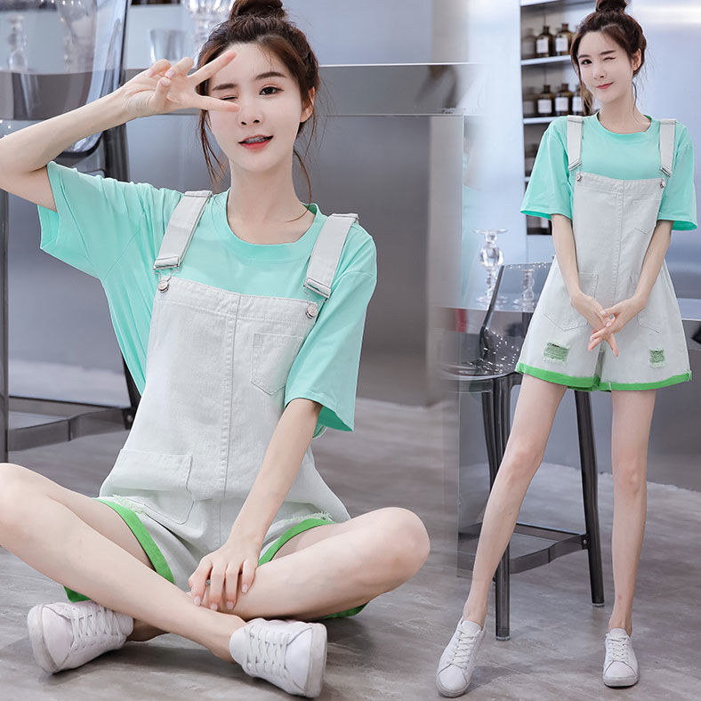 Net red young denim strap shorts female student Korean style loose wide leg Jumpsuit
